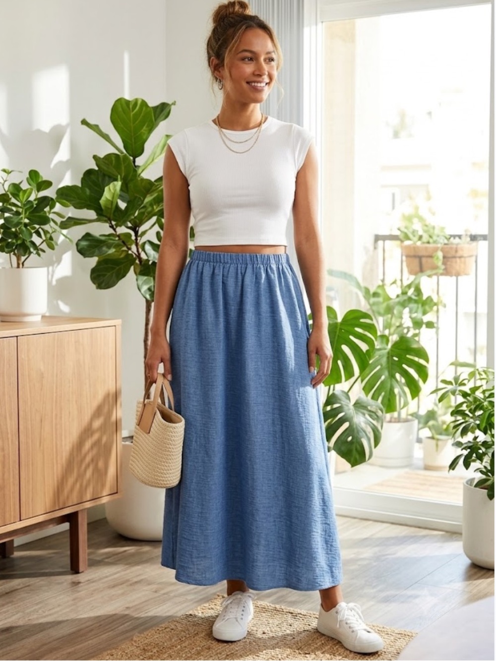 Blu Pepper Light Blue Maxi Skirt with Elastic Waist